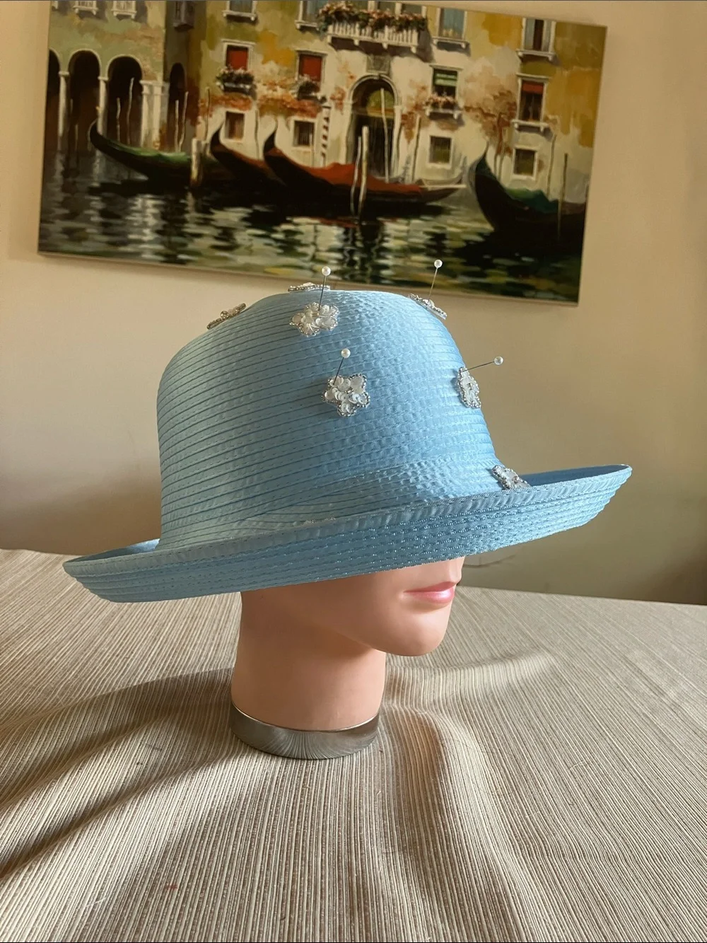 Chic Light Blue Embellished Satin Ribbon Hat